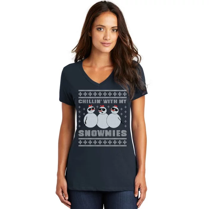 Chillin With My Snowmies Funny Snowman Homies Ugly Christmas Women's V-Neck T-Shirt