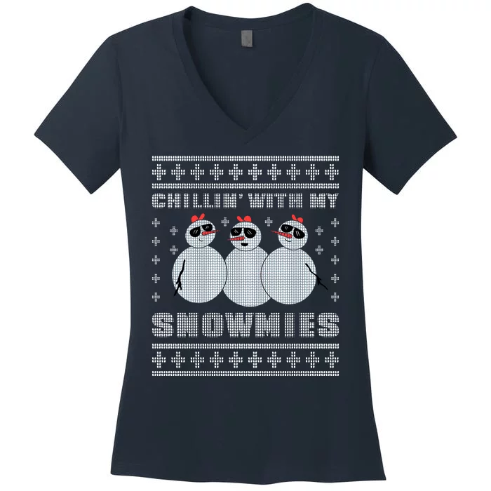 Chillin With My Snowmies Funny Snowman Homies Ugly Christmas Women's V-Neck T-Shirt