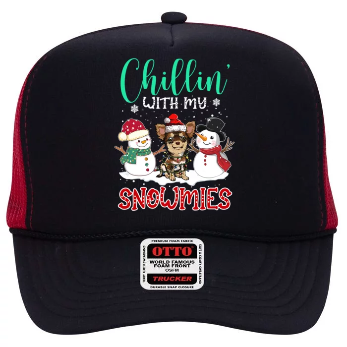 Chillin With My Snowmies Chihuahua Santa Christmas Tree Gift High Crown Mesh Trucker Hat