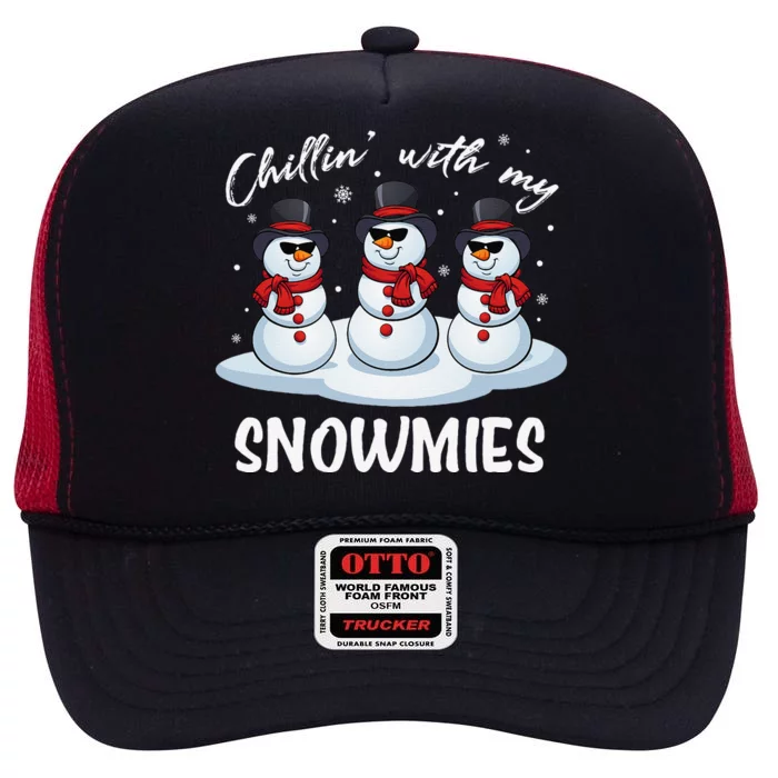 Chillin With My Snowmies Teacher Christmas Snowman Pajamas High Crown Mesh Trucker Hat