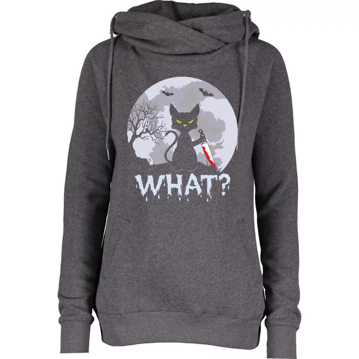 CAT WHAT Murderous Black Cat With Knife Halloween Costume Womens Funnel Neck Pullover Hood