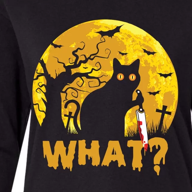 CAT WHAT? Murderous Black Cat With Knife Halloween Costume Funny Joke Womens Cotton Relaxed Long Sleeve T-Shirt