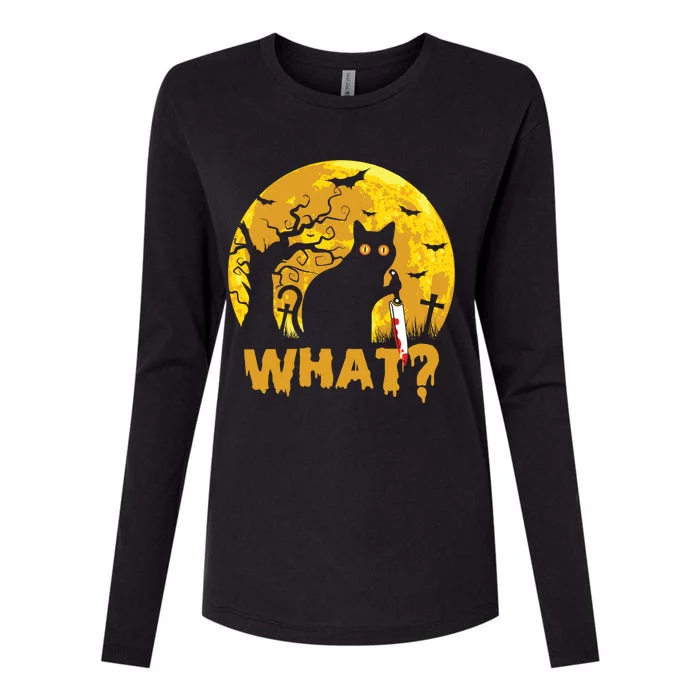 CAT WHAT? Murderous Black Cat With Knife Halloween Costume Funny Joke Womens Cotton Relaxed Long Sleeve T-Shirt