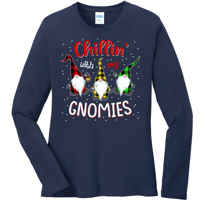 Chillin With My Gnomies Gnome Lover Xmas Buffalo Plaid Ladies Long Sleeve Shirt