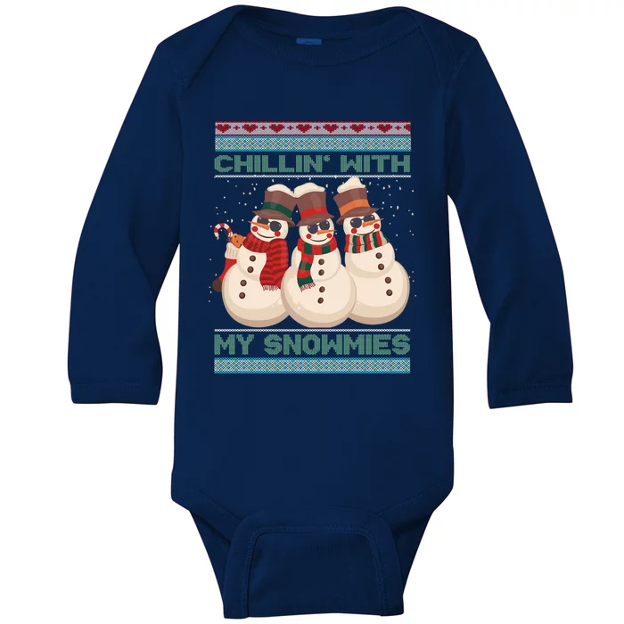 Chillin With My Snowmies Xmas Snowman Baby Long Sleeve Bodysuit