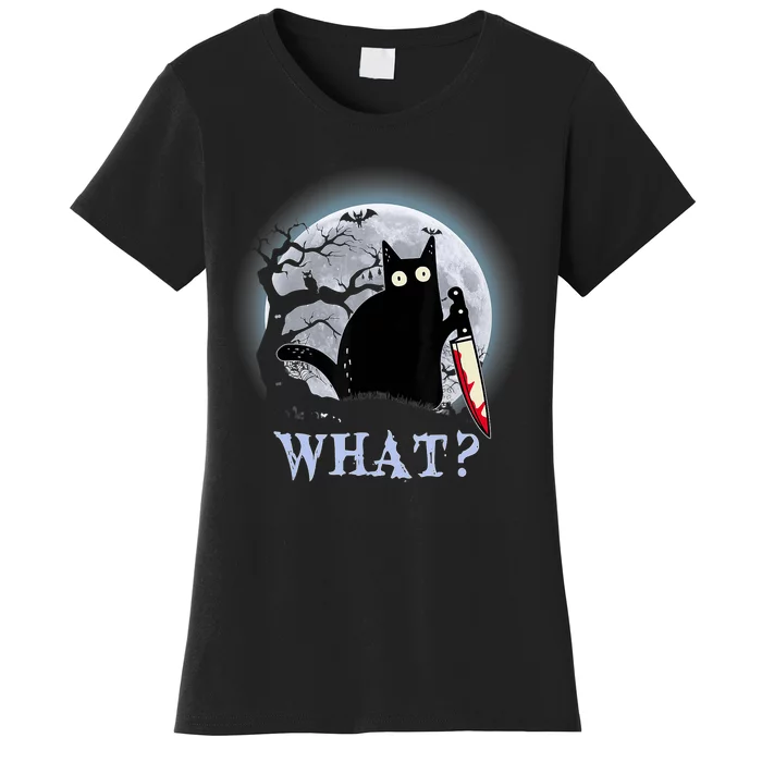 Cat What? Murderous Black Cat With Knife Halloween Funny Cat Lovers Women's T-Shirt