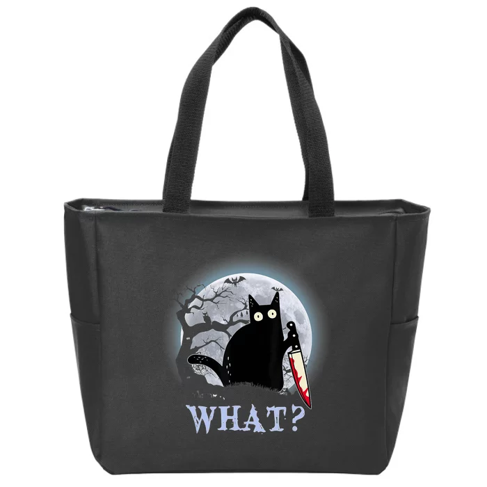 Cat What? Murderous Black Cat With Knife Halloween Funny Cat Lovers Zip Tote Bag