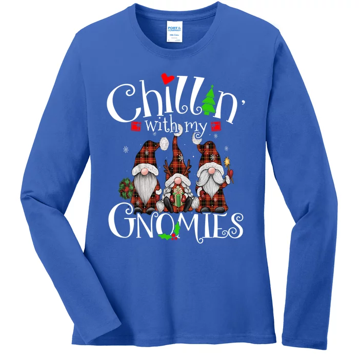 Chillin With My Gnomies Christmas Red Gnomes Plaid Buffalo Gift Ladies Long Sleeve Shirt