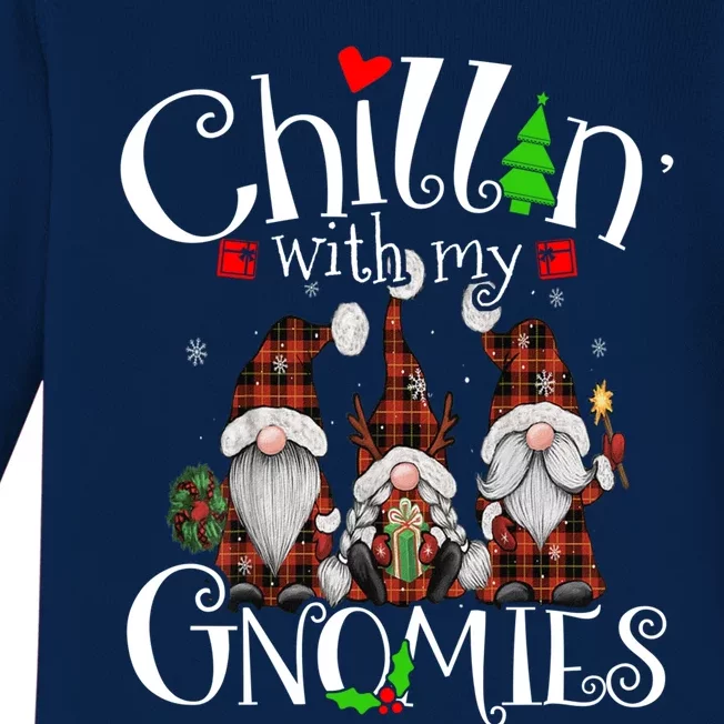 Chillin With My Gnomies Christmas Red Gnomes Plaid Buffalo Gift Baby Long Sleeve Bodysuit