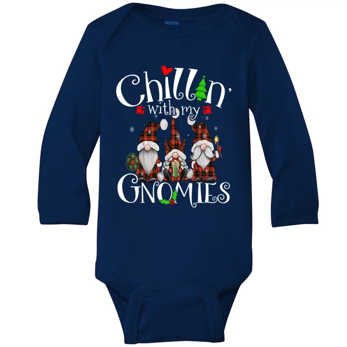 Chillin With My Gnomies Christmas Red Gnomes Plaid Buffalo Gift Baby Long Sleeve Bodysuit