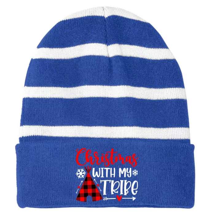 Christmas With My Tribe Red Plaid Family Matching Outfit Gift Striped Beanie with Solid Band