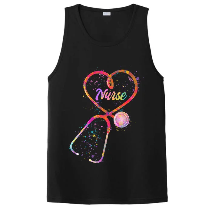 Cute Watercolor Nurse Heart Stethoscope Performance Tank