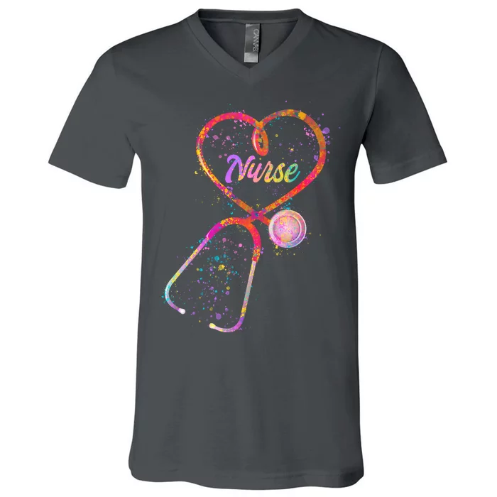 Cute Watercolor Nurse Heart Stethoscope V-Neck T-Shirt