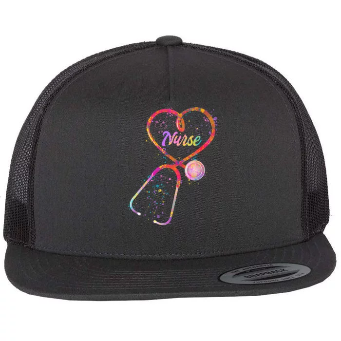 Cute Watercolor Nurse Heart Stethoscope Flat Bill Trucker Hat