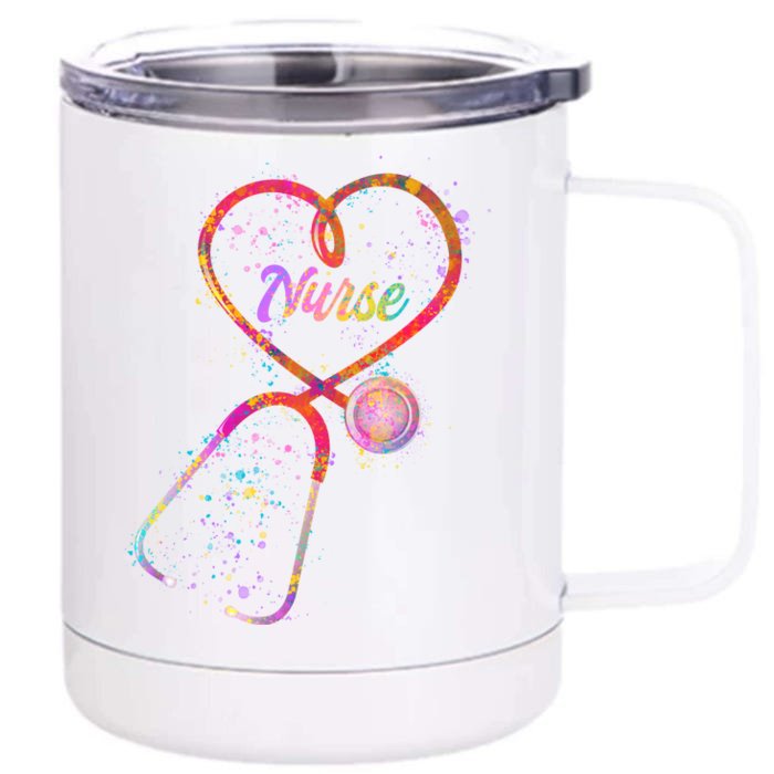 Cute Watercolor Nurse Heart Stethoscope Front & Back 12oz Stainless Steel Tumbler Cup