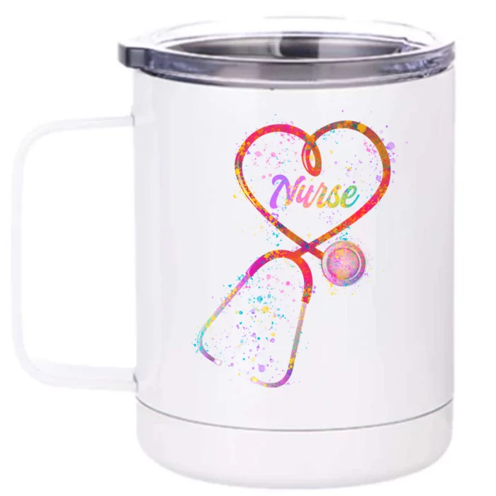 Cute Watercolor Nurse Heart Stethoscope Front & Back 12oz Stainless Steel Tumbler Cup