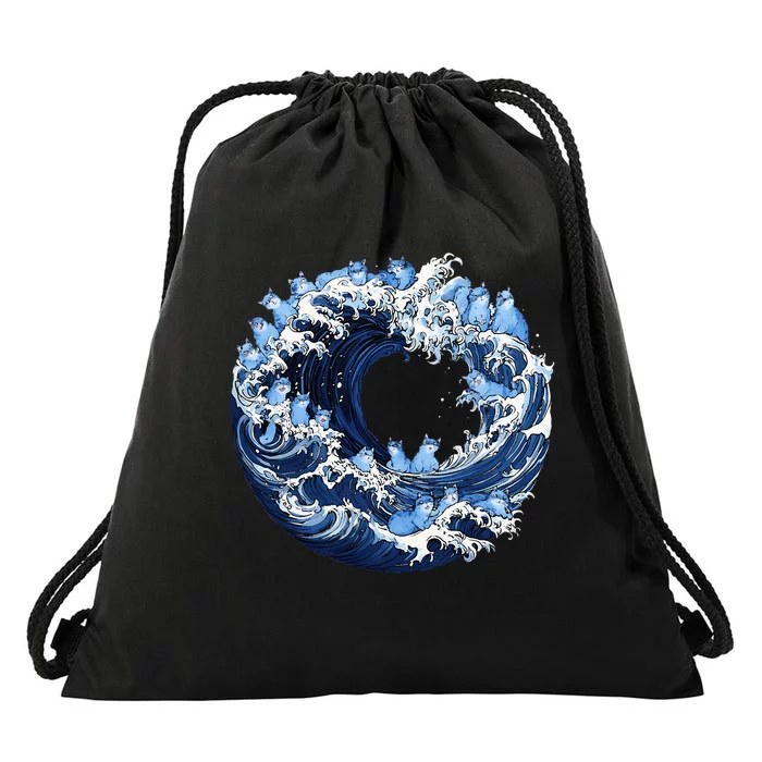 Cute Wave Of Blue Cats For Kamala Drawstring Bag