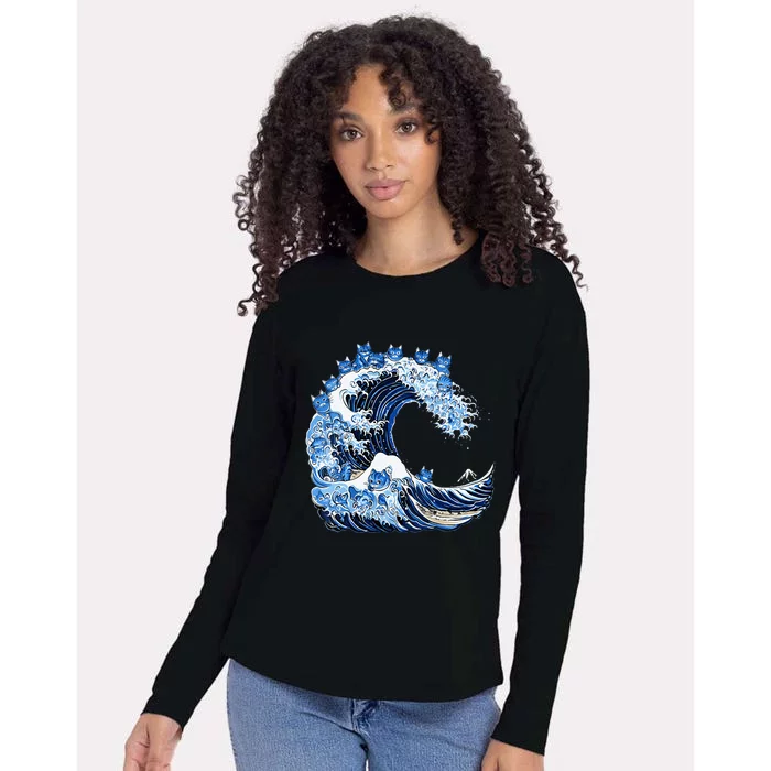 Cute Wave Of Blue Cats For Kamala Womens Cotton Relaxed Long Sleeve T-Shirt