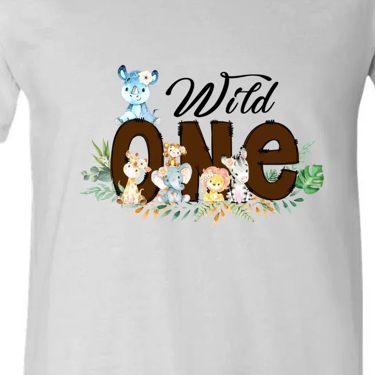 Cute Wild One Zoo Leopard Birthday Safari Jungle Animal Gift V-Neck T-Shirt