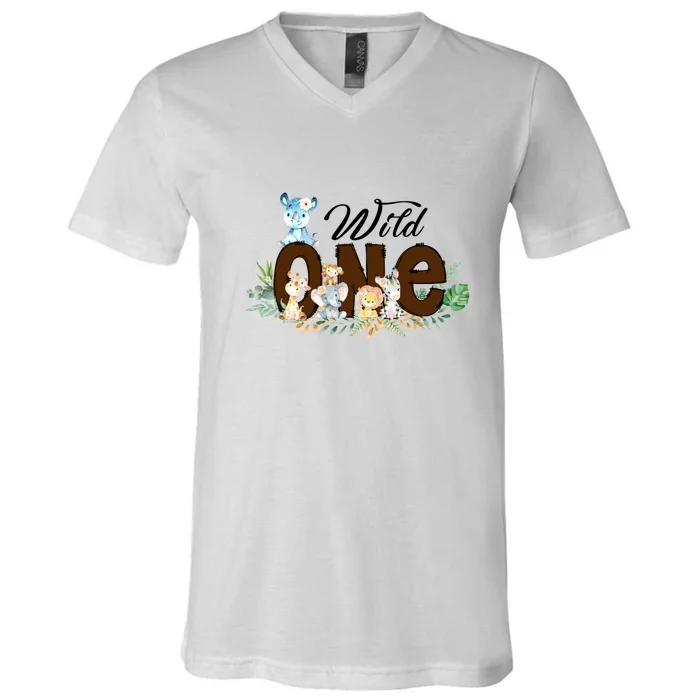 Cute Wild One Zoo Leopard Birthday Safari Jungle Animal Gift V-Neck T-Shirt