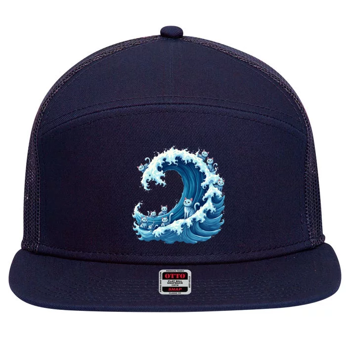 Cute Wave Of Blue Cats For Kamala Gift 7 Panel Mesh Trucker Snapback Hat