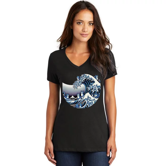 Cute Wave Of Blue Cats For Kamala Funny Gift Women's V-Neck T-Shirt