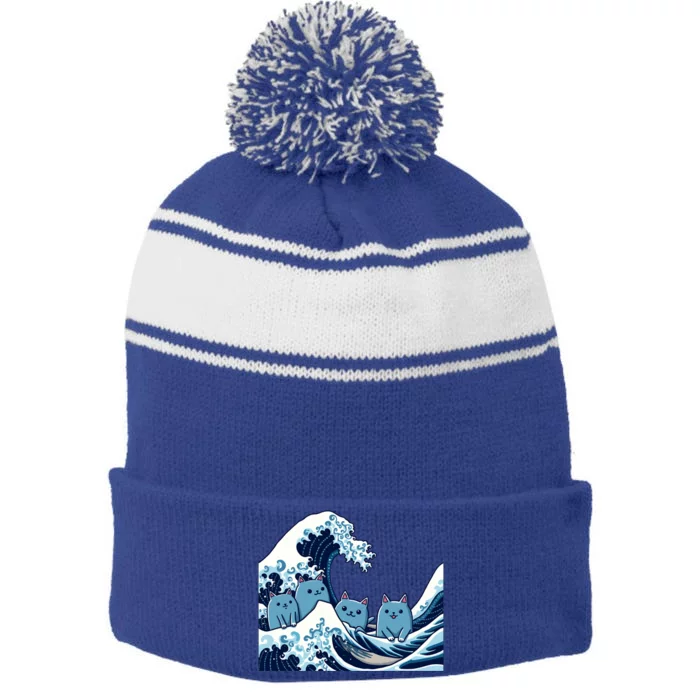 Cute Wave Of Blue Cats For Kamala Gift Stripe Pom Pom Beanie