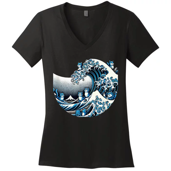 Cute Wave Of Blue Cats Blue Cats Wave Women's V-Neck T-Shirt