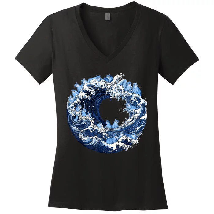 Cute Wave Of Blue Cats For Kamala Women's V-Neck T-Shirt