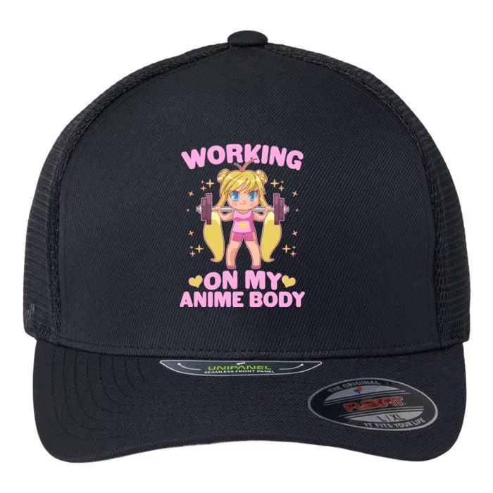 Cute Working On My Anime Body Flexfit Unipanel Trucker Cap