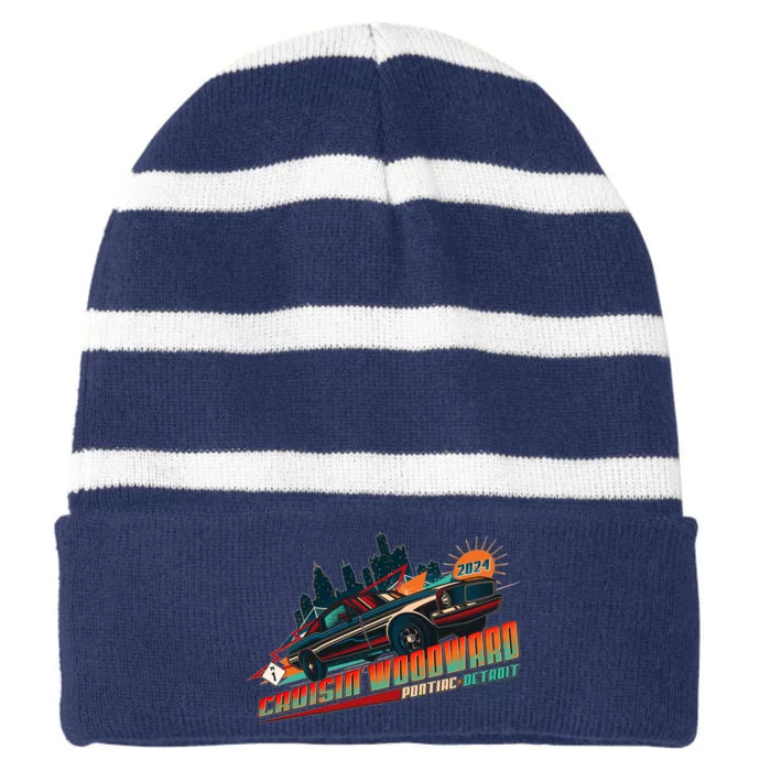 Cruisin Woodward Pontiac To Detroit 2024 Detroit Ren Cen Muscle Car Striped Beanie with Solid Band