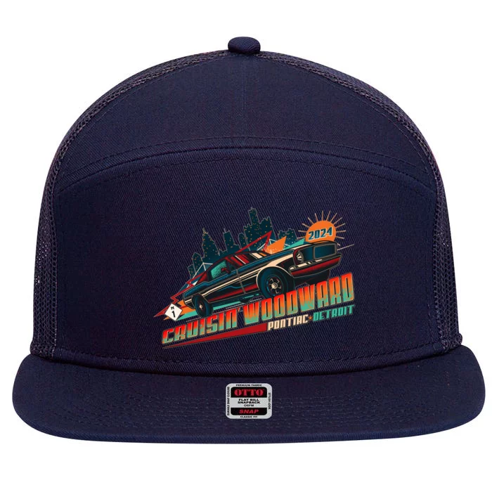 Cruisin Woodward Pontiac To Detroit 2024 Detroit Ren Cen Muscle Car 7 Panel Mesh Trucker Snapback Hat