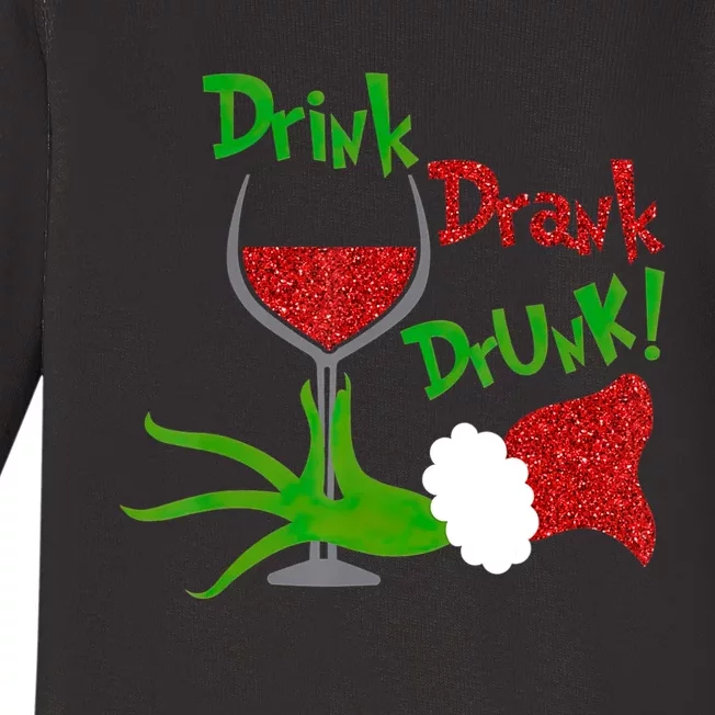 Christmas Wine Party Drink Drank Drunk Wine Glass Baby Long Sleeve Bodysuit