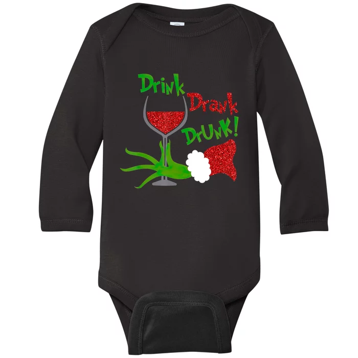 Christmas Wine Party Drink Drank Drunk Wine Glass Baby Long Sleeve Bodysuit