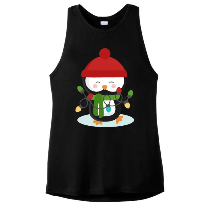 Cute Winter Penguin Christmas Lights Ladies Tri-Blend Wicking Tank