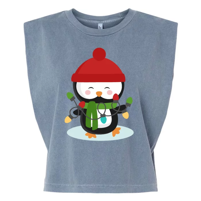 Cute Winter Penguin Christmas Lights Garment-Dyed Women's Muscle Tee