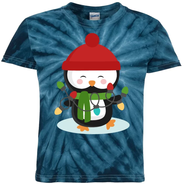 Cute Winter Penguin Christmas Lights Kids Tie-Dye T-Shirt