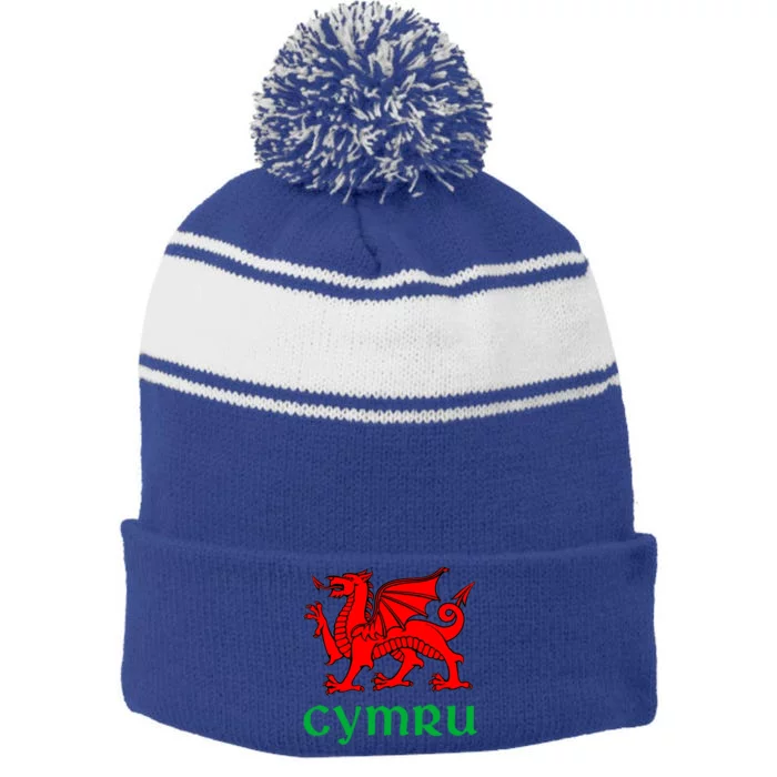 Cymru Welsh Pride Gift Red Dragon Of Wales Flag Funny Gift Stripe Pom Pom Beanie