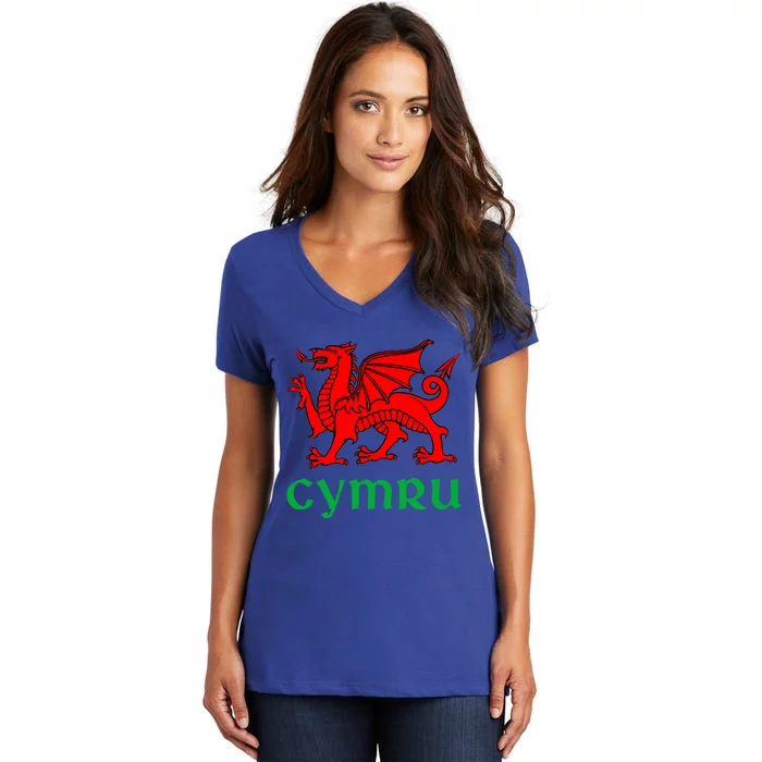 Cymru Welsh Pride Gift Red Dragon Of Wales Flag Funny Gift Women's V-Neck T-Shirt