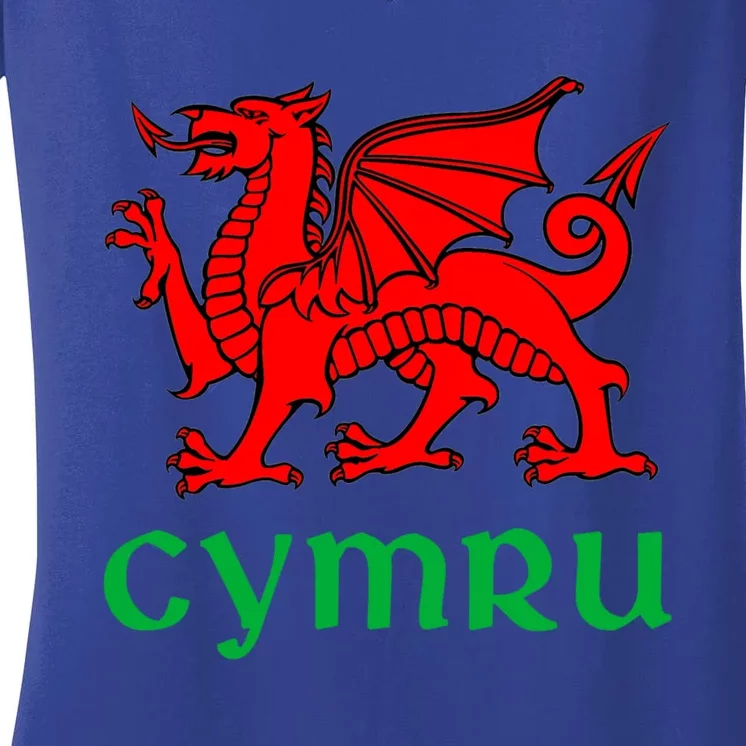 Cymru Welsh Pride Gift Red Dragon Of Wales Flag Funny Gift Women's V-Neck T-Shirt