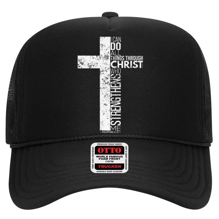 Cross With Philippians 413 Christian High Crown Mesh Trucker Hat