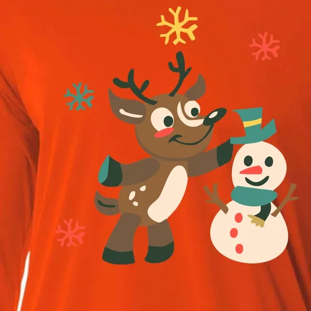 Cute Winter Reindeer Snowman Best Friends Cooling Performance Long Sleeve Crew