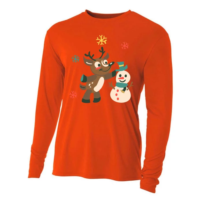 Cute Winter Reindeer Snowman Best Friends Cooling Performance Long Sleeve Crew