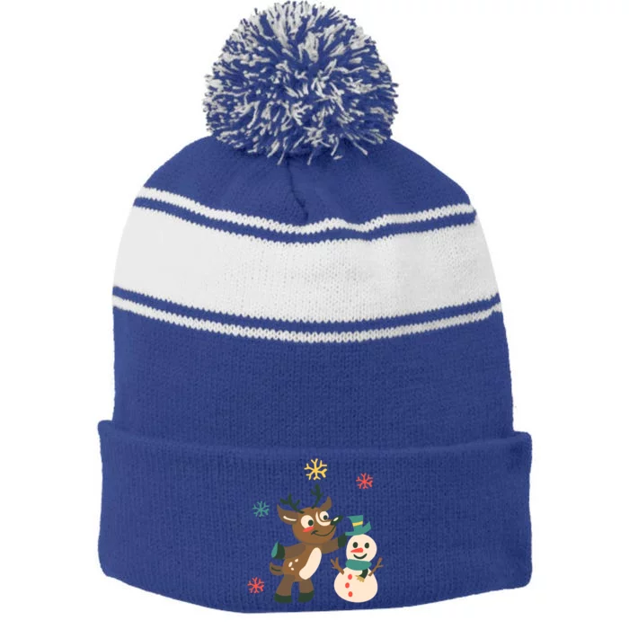 Cute Winter Reindeer Snowman Best Friends Stripe Pom Pom Beanie