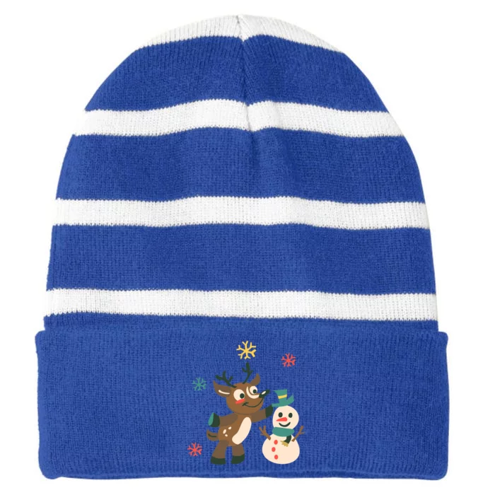 Cute Winter Reindeer Snowman Best Friends Striped Beanie with Solid Band