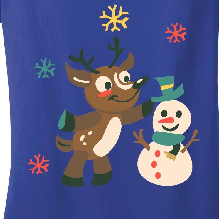 Cute Winter Reindeer Snowman Best Friends Women's V-Neck T-Shirt