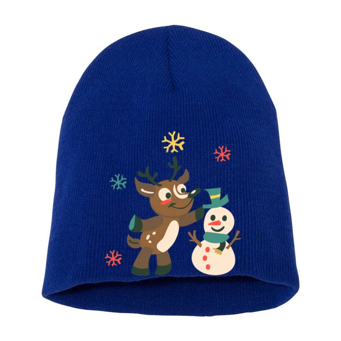 Cute Winter Reindeer Snowman Best Friends Short Acrylic Beanie