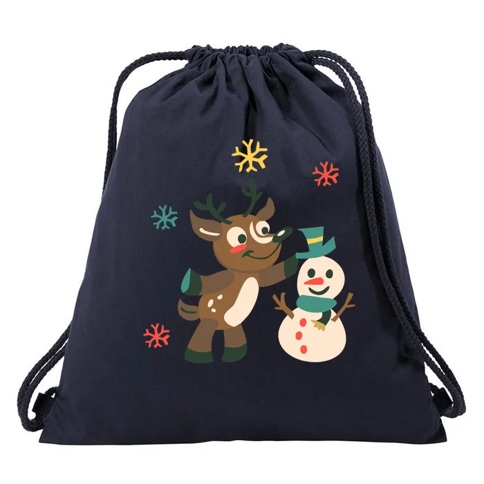 Cute Winter Reindeer Snowman Best Friends Drawstring Bag