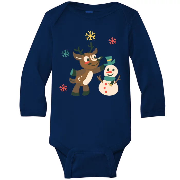 Cute Winter Reindeer Snowman Best Friends Baby Long Sleeve Bodysuit