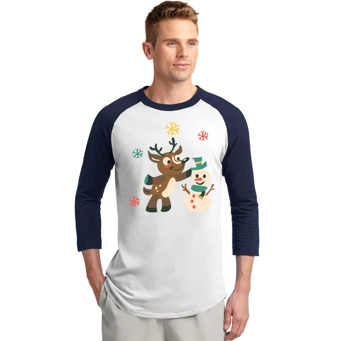 Cute Winter Reindeer Snowman Best Friends Baseball Sleeve Shirt